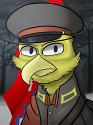 Size: 624x840 | Tagged: safe, artist:notoriousnostalgia, oc, oc only, oc:asper sickleclaw, griffon, equestria at war mod, beak, beard, bust, cap, clothes, facial hair, griffon oc, hat, looking at camera, looking at you, male, military, military uniform, outdoors, pin, portrait, solo, uniform, updated portrait, updated portraits, updated portraits from the equestria at war mod