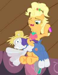 Size: 781x1000 | Tagged: safe, artist:sternymares, applejack, rarity, earth pony, pony, unicorn, g4, brush, clothes, dress, duo, hairbrush, hat, horn, over the knee, overalls, spanking, straw hat