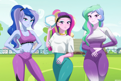 Size: 1440x960 | Tagged: safe, artist:riouku, dean cadance, princess cadance, princess celestia, princess luna, principal celestia, vice principal luna, human, equestria girls, g4, alternate hairstyle, bedroom eyes, belly, belly button, blushing, breasts, clothes, commission, cougar, eyeshadow, female, football, grin, headband, leggings, leotard, lipstick, makeup, midriff, outdoors, ponytail, royal sisters, shirt, siblings, sisters, smiling, sports, sports bra, trio, trio female