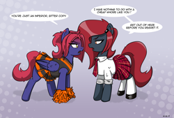 Size: 3665x2482 | Tagged: safe, artist:n-o-n, oc, oc only, oc:heat sink, oc:jessi-ka, earth pony, pegasus, pony, angry, cheerleader, clothes, duality, duo, duo female, female, females only, insult, looking at each other, looking at someone, necktie, pom pom, red hair, school uniform, schoolgirl, shirt, skirt, socks, wings