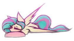 Size: 4195x2359 | Tagged: safe, artist:lu.de, oc, oc:curious query, pegasus, blushing, commissioner:dhs, eyes closed, lying down, pillow, simple background, smiling, two toned mane