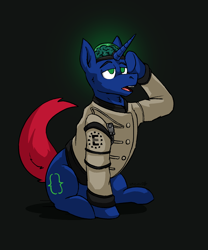 Size: 1680x2023 | Tagged: safe, artist:g472y, oc, oc only, oc:bit shift, pony, unicorn, fallout equestria, blank eyes, brain, clothes, colored, enclave, enclave uniform, green eyes, horn, lidded eyes, lineart, mind control, open mouth, organs, pipbuck, salute, sitting, solo, uniform