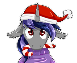 Size: 3030x2472 | Tagged: safe, artist:fleiiha, oc, oc only, oc:dreaming star, bat pony, bat pony unicorn, hybrid, pony, unicorn, candy, candy cane, christmas, clothes, commission, cute, food, hat, high res, holiday, horn, looking at you, male, santa hat, simple background, solo, sweater, transparent background, ych result