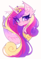 Size: 621x897 | Tagged: safe, artist:_simosha, princess cadance, alicorn, pony, g4, colored pinnae, colored wings, cute, ear fluff, ear tufts, eye clipping through hair, eyebrows, eyebrows visible through hair, female, folded wings, gradient wings, jewelry, lightly watermarked, looking at you, mare, peytral, simple background, solo, sparkles, sparkly mane, tiara, watermark, white background, wings