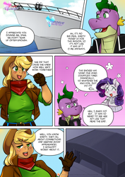 Size: 1200x1697 | Tagged: safe, artist:cabrony, artist:pia-sama, applejack, rarity, spike, dragon, earth pony, unicorn, anthro, plantigrade anthro, comic:lustful diamond, comic:the long way back, comic:the long way back (color), g4, adult, adult spike, applejack's hat, breasts, busty applejack, clothes, colored, comic, cowboy hat, gloves, hat, horn, older, older spike, slit pupils, speech bubble, stetson, warehouse