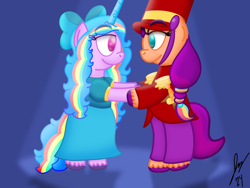 Size: 2160x1620 | Tagged: safe, artist:jesslmc16, izzy moonbow, sunny starscout, earth pony, pony, unicorn, g5, bipedal, bow, clothes, dress, duo, duo female, female, hoof hold, horn, izzy rainbow, lesbian, lidded eyes, looking at each other, looking at someone, mane stripe sunny, mare, nutcracker, scene interpretation, ship:moonscout, shipping, signature, simple background, smiling, smiling at each other, spotlight, standing, sword, the nutcracker, weapon