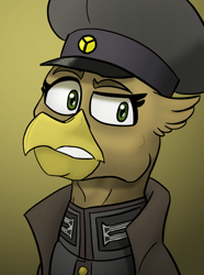 Size: 624x840 | Tagged: safe, artist:notoriousnostalgia, oc, oc only, oc:apfel von kuchen, griffon, equestria at war mod, beak, bust, cap, clothes, female, general, griffon oc, hat, military, military uniform, new characters for equestria at war, new characters for equestria at war mod, portrait, simple background, solo, uniform