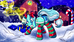 Size: 1920x1080 | Tagged: safe, artist:eniartuwu, lyra heartstrings, pony, unicorn, g4, bow, butt, candy, candy cane, clothes, digital art, dock, female, food, hair bow, horn, lyra hindstrings, mare, plot, present, snow, socks, solo, striped socks, tail, winter