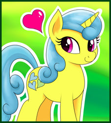 Size: 1357x1500 | Tagged: safe, artist:vomitvomiting, lemon hearts, pony, unicorn, g4, female, floating heart, gradient background, heart, horn, mare, smiling, solo