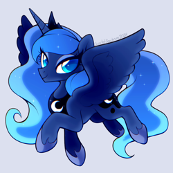 Size: 500x500 | Tagged: safe, artist:scarlet-spectrum, princess luna, alicorn, pony, g4, backwards cutie mark, concave belly, cute, ethereal mane, ethereal tail, female, hoof shoes, horn, jewelry, looking at you, luna's crown, mare, peytral, simple background, smiling, smiling at you, solo, sparkly mane, spread wings, starry tail, tail, wings