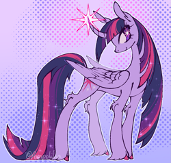 Size: 1049x1000 | Tagged: safe, artist:pompolilla, twilight sparkle, alicorn, pony, g4, colored hooves, concave belly, curved horn, ear fluff, female, fetlock tuft, folded wings, glowing, glowing horn, gradient background, halftone, hock fluff, hooves, horn, leg fluff, long mane, long tail, mare, patterned background, pink hair, pixel-crisp art, signature, slender, small horn, smiling, solo, sparkles, sparkly mane, sparkly tail, standing, starry eyes, tail, thin, turned head, twilight sparkle (alicorn), unshorn fetlocks, wingding eyes, wings