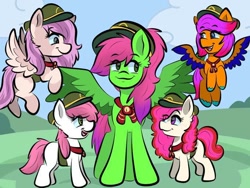 Size: 680x510 | Tagged: oc name needed, safe, artist:doodle-hooves, oc, oc:chai leche, oc:doodle hooves, earth pony, pegasus, age difference, clothes, cloud, female, foal, girl scout, mare, necktie, outdoors, smiling, spread wings, uniform, wings