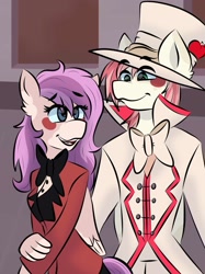 Size: 1535x2048 | Tagged: safe, artist:doodle-hooves, oc, oc:chai leche, pegasus, anthro, bow, clothes, coat markings, complex background, cute, father and child, father and daughter, female, halloween, hazbin hotel, hellaverse, holiday, male, smiling, suit