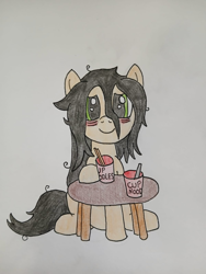 Size: 1200x1600 | Tagged: safe, artist:toastymares, oc, oc:floor bored, earth pony, bags under eyes, blushing, chopsticks, cute, female, happy, instant noodles, mare, sitting, solo, table, traditional art