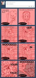 Size: 666x1440 | Tagged: safe, artist:mod wit, oc, oc only, oc:banana pie, oc:bananas wit, ask, askbananaswit, brutal honesty, chair, cheering, crying, maury, maury povich, monochrome, not the father, set, talk show, tumblr, tumblr comic