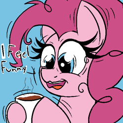 Size: 512x512 | Tagged: safe, artist:xppp1n, pinkie pie, earth pony, pony, g4, coffee, coffee cup, cup, dithering, female, mare, pinkie found the coffee, simple background, solo, tremors, xk-class end-of-the-world scenario