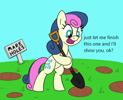 Size: 800x650 | Tagged: safe, artist:unitxxvii, bon bon, sweetie drops, earth pony, pony, g4, bipedal, description is relevant, dialogue, digging, female, hole, mare, open mouth, open smile, outdoors, shovel, sign, smiling, solo