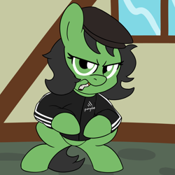 Size: 900x900 | Tagged: safe, artist:unitxxvii, oc, oc:filly anon, earth pony, pony, bipedal, cigarette, clothes, female, filly, foal, furrowed brow, jacket, looking at you, smoking, solo, squatting