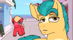 Size: 710x394 | Tagged: safe, artist:tamers12345, screencap, hitch trailblazer, sprout cloverleaf, earth pony, pony, g5, animated, blushing, gay, implied crush, looking at someone, male, ship:clovertrail, shipping, spritch, stallion, stupid sexy hitch trailblazer