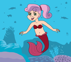 Size: 1071x937 | Tagged: safe, artist:ocean lover, sweetie belle, barracuda, fish, human, jellyfish, mermaid, turtle, g4, arista (the little mermaid), bare shoulders, belly, belly button, bra, bubble, cheerful, clothes, cute, diasweetes, disney, disney princess, fins, fish tail, green eyes, happy, human coloration, humanized, kelp, light skin, looking at you, mermaid princess, mermaid tail, mermaidized, ms paint, ocean, open mouth, ponytail, seashell, seashell bra, species swap, sponge, swimming, tail, tail fin, two toned hair, underwater, underwear, water