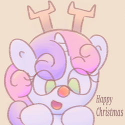 Size: 1000x1000 | Tagged: safe, artist:rosa ushiromiya, sweetie belle, deer, pony, reindeer, unicorn, g4, christmas, female, foal, holiday, horn, looking at you, red nosed reindeer, smiling, smiling at you