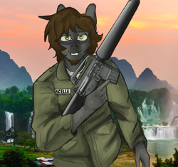 Size: 1035x971 | Tagged: safe, artist:chunk_spunk, oc, oc only, oc:nacelle, pegasus, anthro, assault rifle, commission, gun, m16, male, rifle, smiling, solo, solo male, weapon