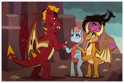 Size: 1095x730 | Tagged: safe, artist:inuhoshi-to-darkpen, garble, ocellus, smolder, dragon, g4, brother and sister, commission, disguise, disguised changeling, dragon lands, dragonified, female, male, nervous, siblings, species swap, story included