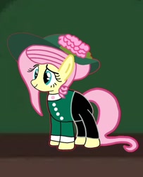 Size: 1080x1330 | Tagged: safe, artist:darlycatmake, fluttershy, g4, beautiful, beautiful eyes, beautiful hair, clothes, dress, fancy, flower, happy, hat, miss western fluttershy, pants, pretty, remastered, solo, western