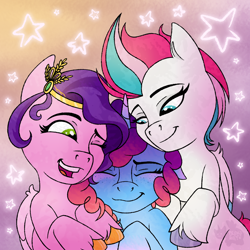 Size: 1200x1200 | Tagged: safe, artist:plumpony, misty brightdawn, pipp petals, zipp storm, g5, my little pony: tell your tale, cute, daaaaaaaaaaaw, eyes closed, family, female, group hug, hug, one eye closed, rebirth misty, royal sisters (g5), siblings, sister, sisters, too cute, wink