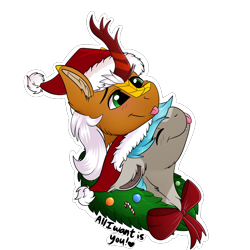 Size: 2000x2000 | Tagged: safe, artist:decemberbreeze, oc, oc only, kirin, pony, :p, bow, christmas, commission, duo, hat, holiday, kirin oc, santa hat, shipping, simple background, snuggling, tongue out, transparent background, wreath, ych result