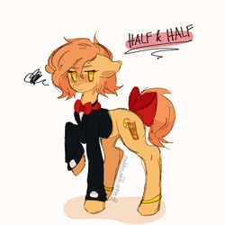 Size: 1280x1280 | Tagged: safe, artist:thetriggerslipped, oc, oc only, oc:half&half, earth pony, pony, bow, bowtie, bracelet, clothes, disgruntled, jewelry, suit, tail, tail bow