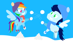 Size: 3553x2499 | Tagged: safe, anonymous artist, derpibooru exclusive, rainbow dash, soarin', pegasus, pony, series:soarindash all seasons, series:soarindash winter, female, male, mare, pointy ponies, ship:soarindash, shipping, snow, snowball, snowball fight, stallion, straight, winter, winter clothes