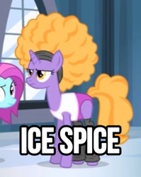 Size: 828x1038 | Tagged: safe, anonymous editor, edit, edited screencap, screencap, blue cutie, foxxy trot, pony, unicorn, for whom the sweetie belle toils, g4, my little pony: friendship is magic, caption, horn, ice spice, text, unamused