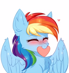 Size: 2836x3000 | Tagged: safe, alternate version, artist:pesty_skillengton, rainbow dash, pegasus, pony, g4, blushing, cheek fluff, chest fluff, cute, dashabetes, ear fluff, eyes closed, female, heart, mare, mouth hold, simple background, smiling, solo, spread wings, white background, wings