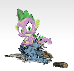 Size: 906x869 | Tagged: safe, artist:drdocmd, spike, dragon, human, g4, clothes, denim, human to dragon, jeans, male, pants, shoes, simple background, solo, transformation, white background