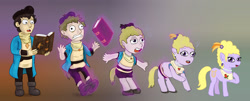 Size: 1360x551 | Tagged: safe, artist:glockens, lyrica lilac, oc, oc:emilio remanza, earth pony, human, pony, g4, book, book of harmony, character to character, female, gradient background, male, transformation, transformation sequence, transgender transformation