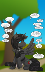 Size: 1250x2000 | Tagged: safe, artist:runningtoaster, oc, oc only, alicorn, human, pony, clothes, collar, dialogue, eye clipping through hair, human to pony, offscreen character, shrunken pupils, sitting, speech bubble, spiked collar