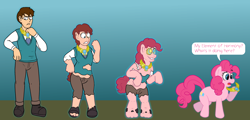 Size: 3244x1552 | Tagged: safe, artist:dommerik, pinkie pie, earth pony, human, pony, g4, disappearing clothes, element of laughter, female, gradient background, high res, hypno eyes, kaa eyes, male, mind control, speech bubble, transformation, transformation sequence