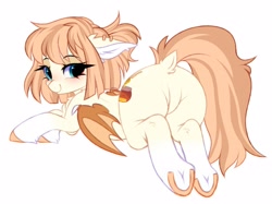 Size: 2560x1911 | Tagged: safe, artist:pesty_skillengton, oc, oc only, oc:honey milk, bat pony, pony, bat pony oc, bat wings, blushing, butt, dock, eye clipping through hair, eyebrows, eyebrows visible through hair, featureless crotch, female, freckles, looking at you, mare, plot, simple background, smiling, smiling at you, solo, tail, underhoof, white background, wings