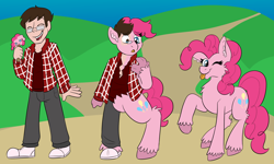 Size: 2500x1500 | Tagged: safe, artist:detectivecoon, pinkie pie, oc, earth pony, human, pony, g4, ;p, female, human to pony, looking at you, male, male to female, mare, one eye closed, raised hoof, rule 63, tongue out, transformation, transformation sequence, transgender transformation, unshorn fetlocks, wink, winking at you