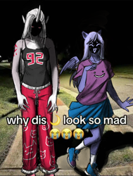 Size: 736x975 | Tagged: safe, artist:kovasen, oc, oc only, oc:bloodmoon lullaby, oc:critic, pegasus, unicorn, anthro, clothes, duo, female, glowing, glowing eyes, horn, meme, nail polish, no face, skirt, text, why dis x look so mad, wings, село