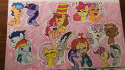 Size: 1280x720 | Tagged: safe, artist:mlparistisccsketch, apple bloom, button mash, cheese sandwich, discord, flash sentry, fluttershy, pinkie pie, rainbow dash, rumble, scootaloo, soarin', starlight glimmer, sunburst, sweetie belle, tender taps, twilight sparkle, alicorn, earth pony, pegasus, pony, unicorn, colt, female, filly, foal, horn, male, mare, ship:cheesepie, ship:discoshy, ship:flashlight, ship:rumbloo, ship:soarindash, ship:starburst, ship:sweetiemash, ship:tenderbloom, shipping, stallion, straight, traditional art, twilight sparkle (alicorn)