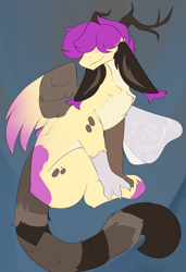 Size: 1958x2858 | Tagged: safe, artist:beardie, oc, oc only, oc:purple wingshade, draconequus, dragon, ferret, griffon, pegasus, pony, antlers, bunny ears, chest fluff, colored wings, draconequified, dragonified, ear fluff, floppy ears, freckles, male, moth wings, multicolored wings, solo, species swap, spots, stallion, unshorn fetlocks, wings