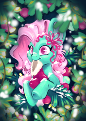 Size: 4465x6314 | Tagged: safe, artist:cutepencilcase, minty, earth pony, pony, g3, bust, christmas, christmas stocking, female, holiday, mare, mouth hold, solo