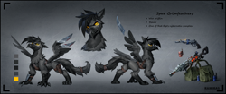 Size: 3845x1608 | Tagged: safe, artist:ramiras, oc, oc only, oc:spar grimfeathers, griffon, fallout equestria, griffon oc, reference sheet, solo