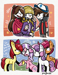 Size: 2550x3300 | Tagged: safe, artist:piaojun55154, apple bloom, diamond tiara, scootaloo, sweetie belle, earth pony, human, pegasus, pony, unicorn, g4, abstract background, artist name, bow, clothes, crying, cutie mark crusaders, dipper pines, ear piercing, earring, eyes closed, female, filly, foal, gravity falls, hair bow, hairband, hat, heart, holding hooves, horn, hug, jacket, jewelry, long sleeves, mabel pines, outdoors, outline, pacifica northwest, passepartout, piercing, shirt, short sleeves, speech bubble, stars, sweater, text, tiara, turtleneck, turtleneck sweater, upper body, white outline