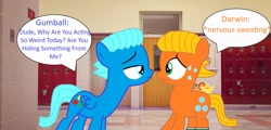 Size: 3229x1550 | Tagged: safe, artist:memeartboi, earth pony, pegasus, pony, g4, brothers, chatting, colt, darwin watterson, duo, duo male, foal, gumball watterson, hallway, hiding, indoors, investigation, looking into each others eyes, male, nervous, nervous sweat, pegasus wings, ponified, puppet, scared, school, school hall, siblings, speech bubble, standing, suspicious, sweat, text, the amazing world of gumball, wings