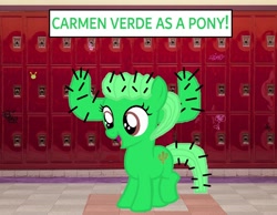 Size: 1206x938 | Tagged: safe, artist:memeartboi, oc, earth pony, pony, g4, cactus, cactus girl, carmen verde, content, cute, earth pony oc, female, female oc, filly, filly oc, foal, hallway, happy, indoors, open mouth, open smile, ponified, school, school hall, smiling, solo, standing, text, the amazing world of gumball, thorn