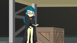 Size: 1920x1080 | Tagged: safe, edit, edited edit, edited screencap, screencap, juniper montage, human, equestria girls, equestria girls specials, g4, my little pony equestria girls: movie magic, black leotard, cape, cloak, clothes, female, glasses, leotard, solo, standing