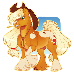 Size: 1280x1280 | Tagged: safe, artist:sadelinav, applejack, earth pony, pony, g4, applejack's hat, cowboy hat, draft horse, female, hat, mare, passepartout, redesign, signature, smiling, solo, stetson, straw in mouth, unshorn fetlocks